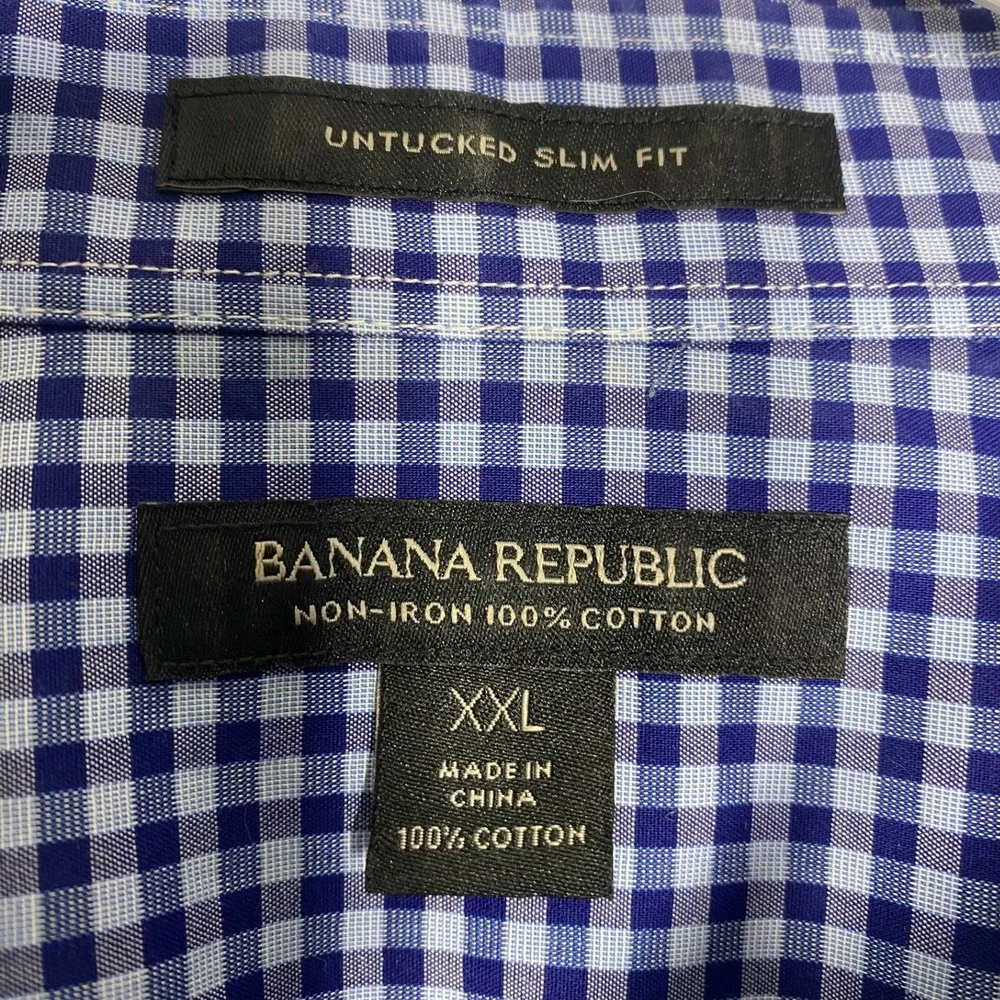 Banana Republic Untucked Slim Fit Shirt Mens XXL Blue Gingham Non-Iron Cotton‎